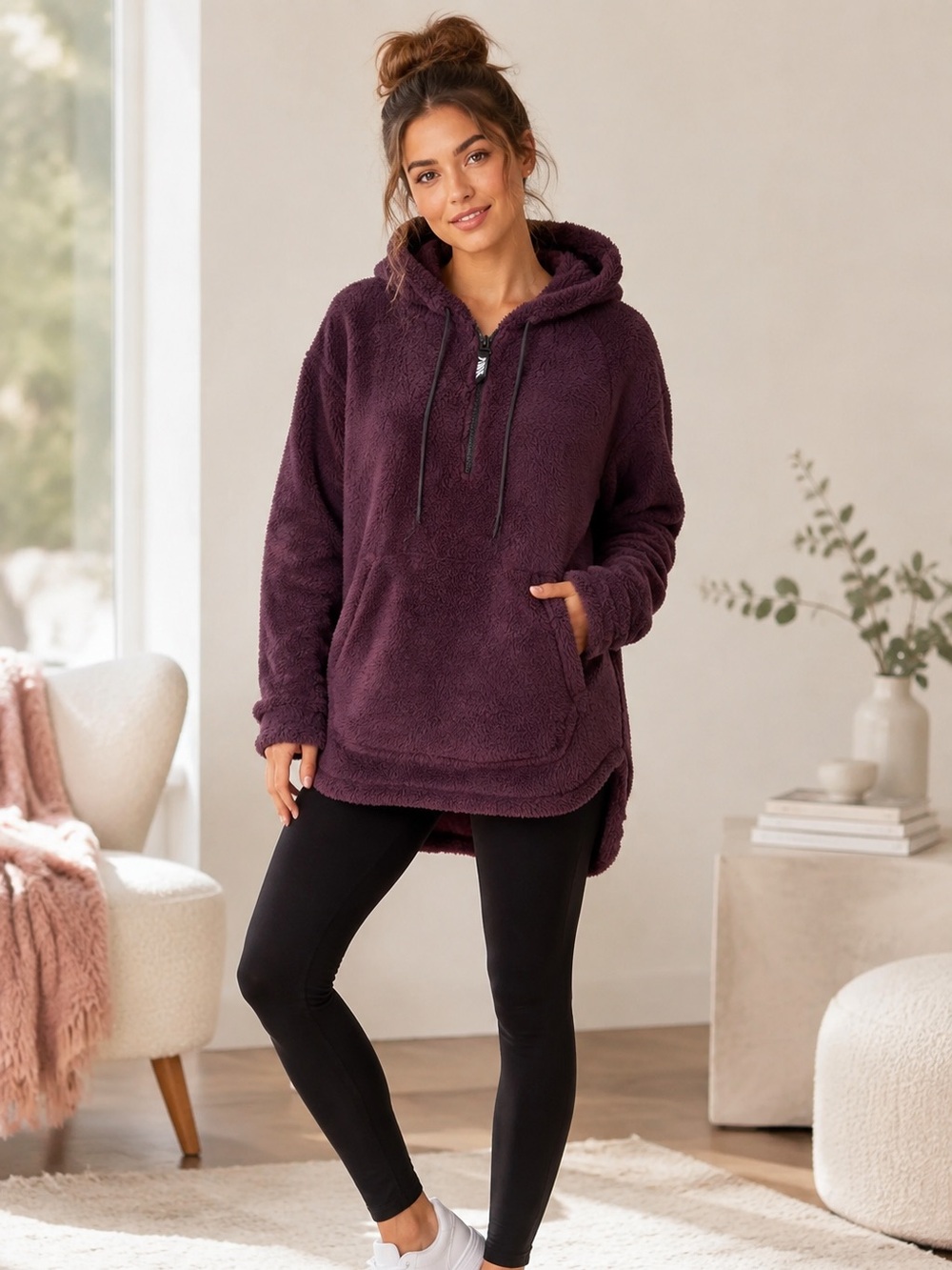 Victoria’s Secret PINK Sherpa Fleece Quarter-Zip Hoodie Plum M